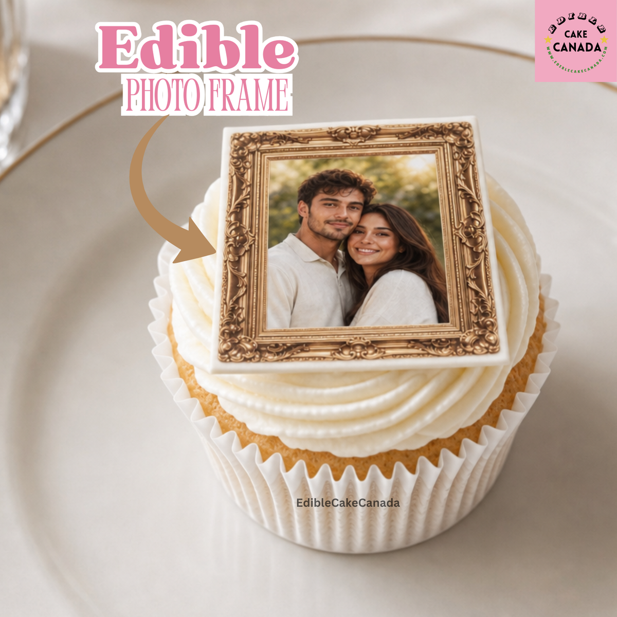 Custom Edible Icing Cupcake Topper with Vintage Photo Frame