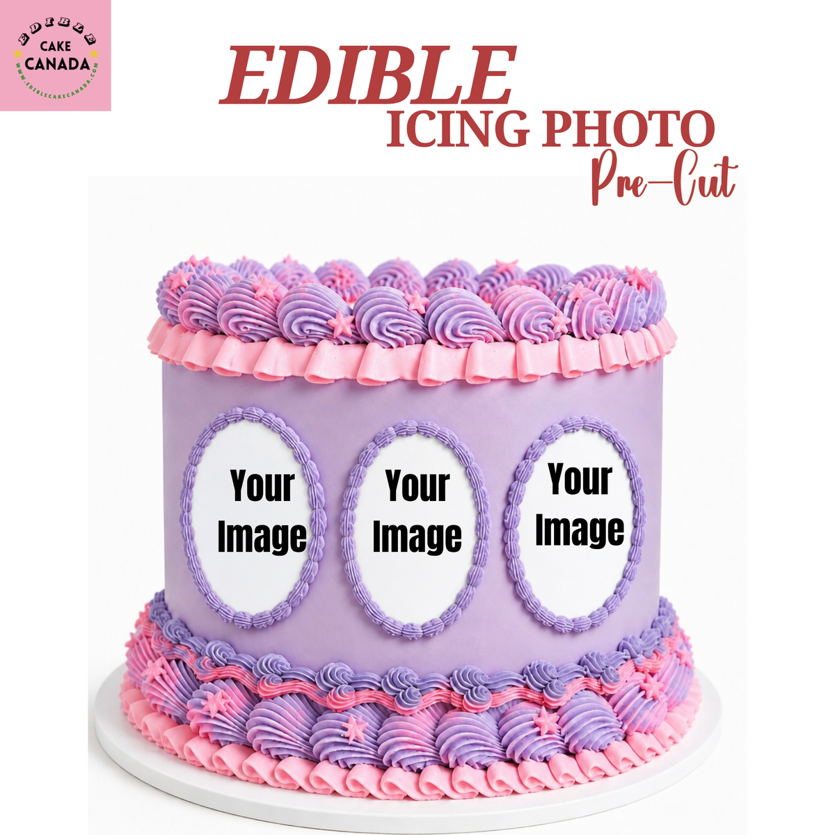 Custom edible photo icing sheet with pre-cut oval cake toppers