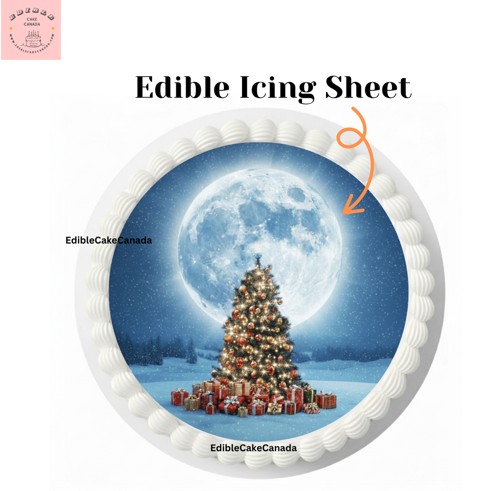 Edible Icing Cake & Cupcake Topper – Christmas Tree Under Full Moon Night Sky – Gifts & Stars Winter Theme