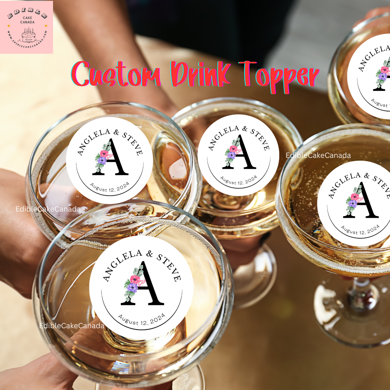 Custom Wedding Initial Wafer Drink Toppers | Precut Edible Drink Toppers for Wedding, Birthday & Cocktail Party