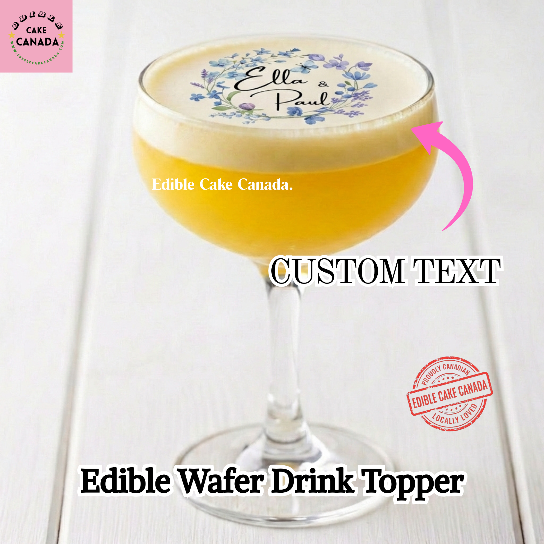 personalized edible drink toppers, edible wafer drink toppers, custom drink toppers Canada, wedding drink toppers, anniversary drink toppers, purple floral drink toppers, custom cocktail toppers, edible cocktail toppers, party drink toppers, corporate event drink toppers, custom logo drink toppers, bridal shower drink toppers, engagement party drink toppers, Canada edible drink toppers, Toronto wedding drink toppers, Vancouver event drink toppers, Montreal party drink toppers, Calgary wedding drink toppers,