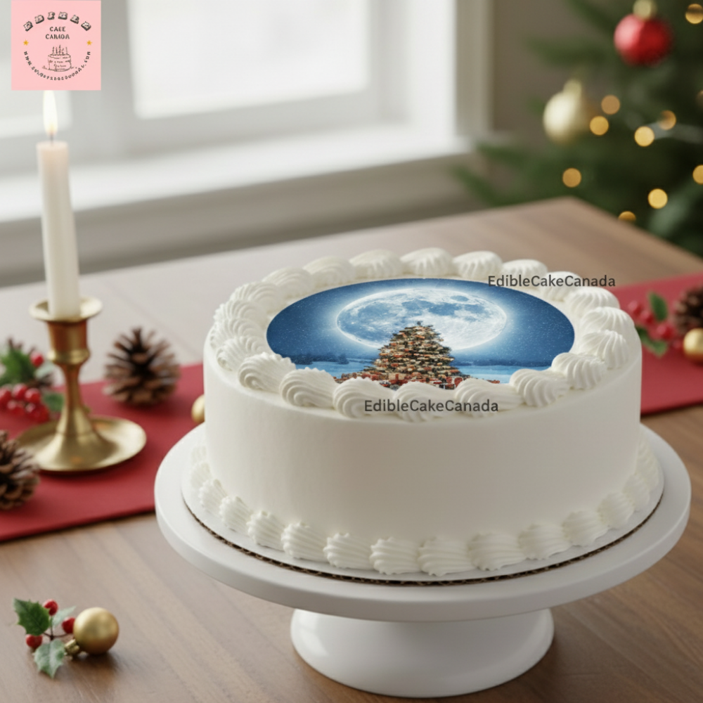 Edible Icing Cake & Cupcake Topper – Christmas Tree Under Full Moon Night Sky – Gifts & Stars Winter Theme