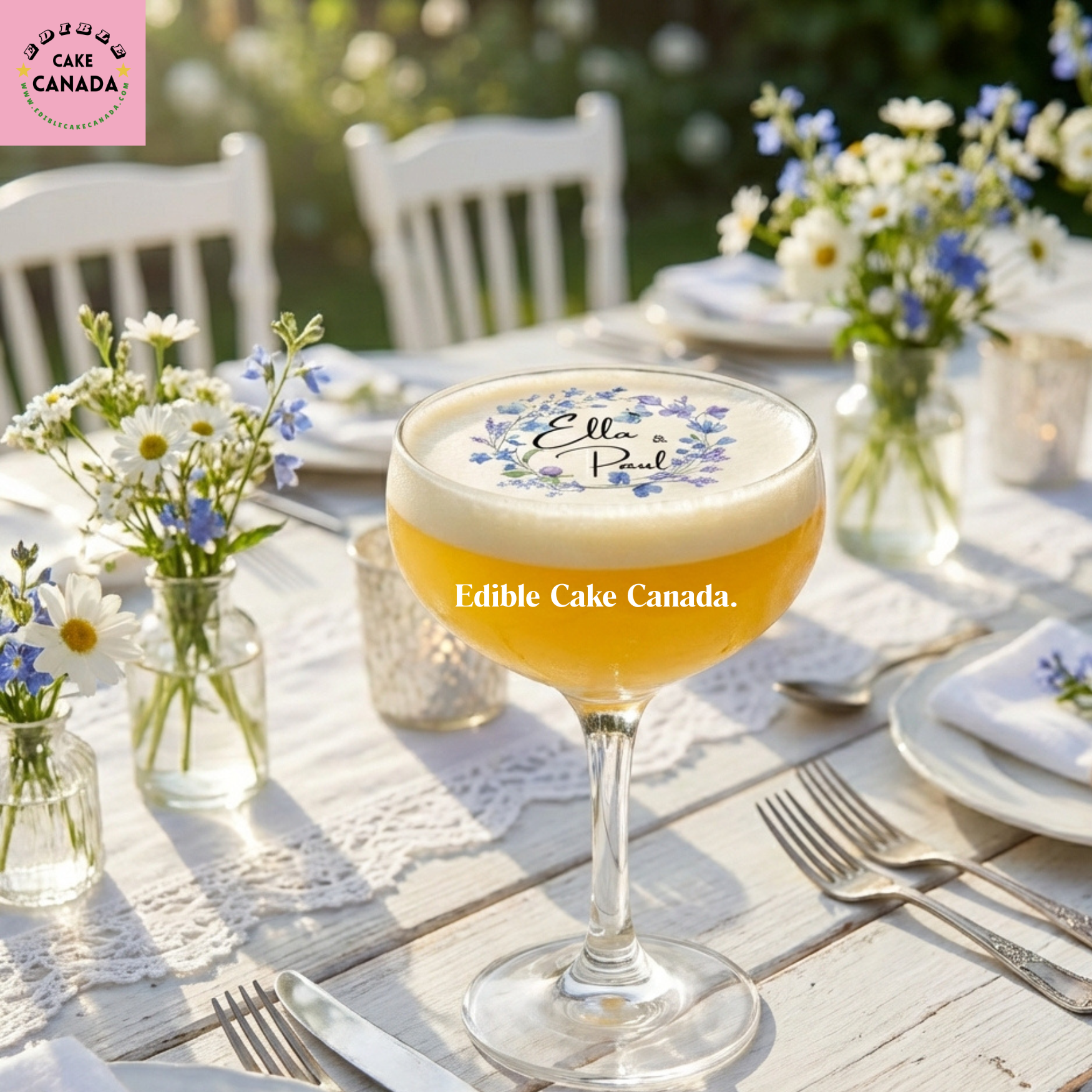 personalized edible drink toppers, edible wafer drink toppers, custom drink toppers Canada, wedding drink toppers, anniversary drink toppers, purple floral drink toppers, custom cocktail toppers, edible cocktail toppers, party drink toppers, corporate event drink toppers, custom logo drink toppers, bridal shower drink toppers, engagement party drink toppers, Canada edible drink toppers, Toronto wedding drink toppers, Vancouver event drink toppers, Montreal party drink toppers, Calgary wedding drink toppers,