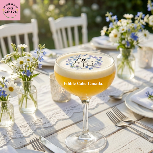 personalized edible drink toppers, edible wafer drink toppers, custom drink toppers Canada, wedding drink toppers, anniversary drink toppers, purple floral drink toppers, custom cocktail toppers, edible cocktail toppers, party drink toppers, corporate event drink toppers, custom logo drink toppers, bridal shower drink toppers, engagement party drink toppers, Canada edible drink toppers, Toronto wedding drink toppers, Vancouver event drink toppers, Montreal party drink toppers, Calgary wedding drink toppers,