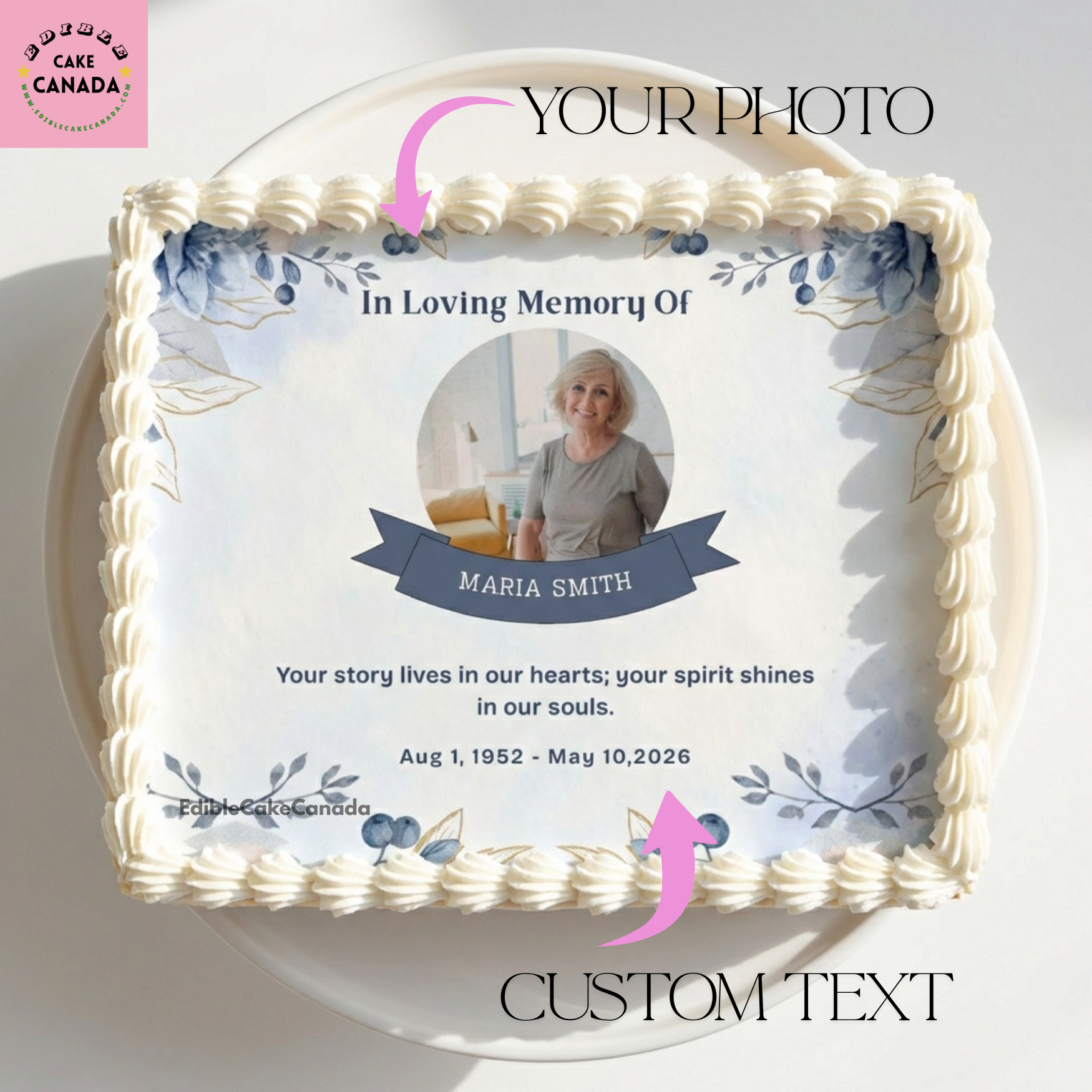 Custom edible icing cake topper with your photo and message  

Beautiful memorial design for Dad, Mum, parent or grandparent  

Perfect for In Loving Memory, remembrance, and celebration of life cakes  

Printed on edible icing sheet with food-grade edible ink  

Easy to apply to cakes, cupcakes, or desserts  

Personalized and made in Canada  

Great for memorial cakes, tribute cakes, and photo cakes