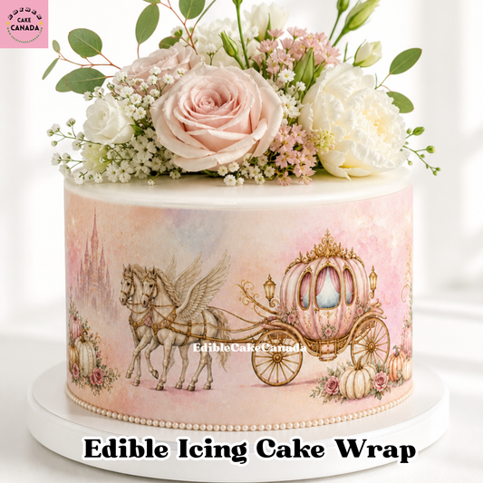 Pastel watercolor edible cake wrap featuring a vintage pumpkin carriage pulled by winged horses with a fairytale castle background.