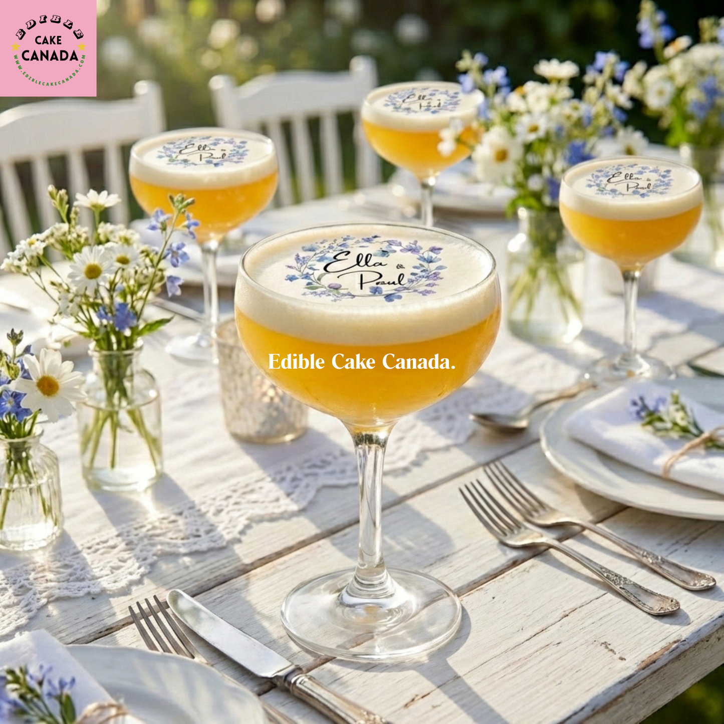 personalized edible drink toppers, edible wafer drink toppers, custom drink toppers Canada, wedding drink toppers, anniversary drink toppers, purple floral drink toppers, custom cocktail toppers, edible cocktail toppers, party drink toppers, corporate event drink toppers, custom logo drink toppers, bridal shower drink toppers, engagement party drink toppers, Canada edible drink toppers, Toronto wedding drink toppers, Vancouver event drink toppers, Montreal party drink toppers, Calgary wedding drink toppers,
