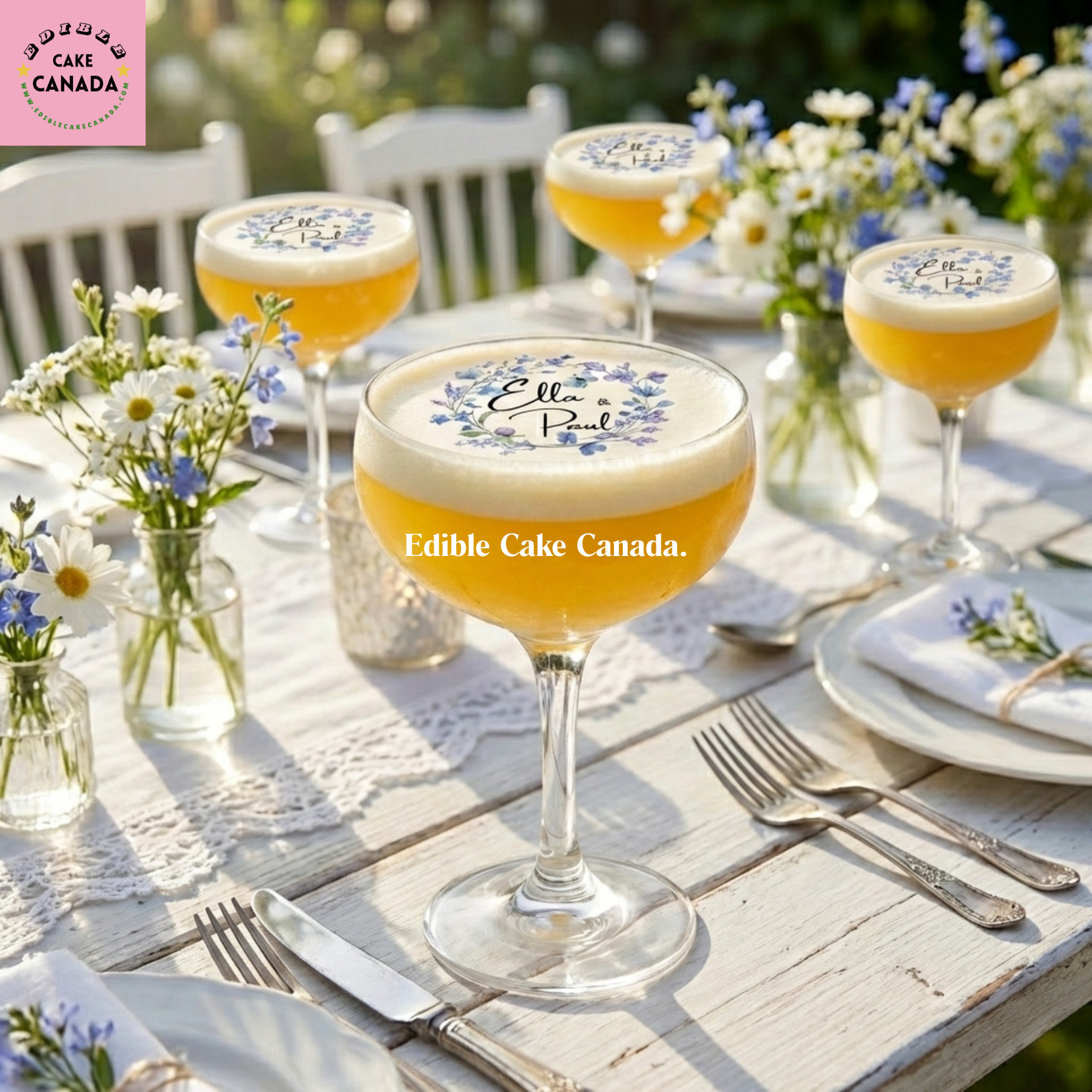 personalized edible drink toppers, edible wafer drink toppers, custom drink toppers Canada, wedding drink toppers, anniversary drink toppers, purple floral drink toppers, custom cocktail toppers, edible cocktail toppers, party drink toppers, corporate event drink toppers, custom logo drink toppers, bridal shower drink toppers, engagement party drink toppers, Canada edible drink toppers, Toronto wedding drink toppers, Vancouver event drink toppers, Montreal party drink toppers, Calgary wedding drink toppers,