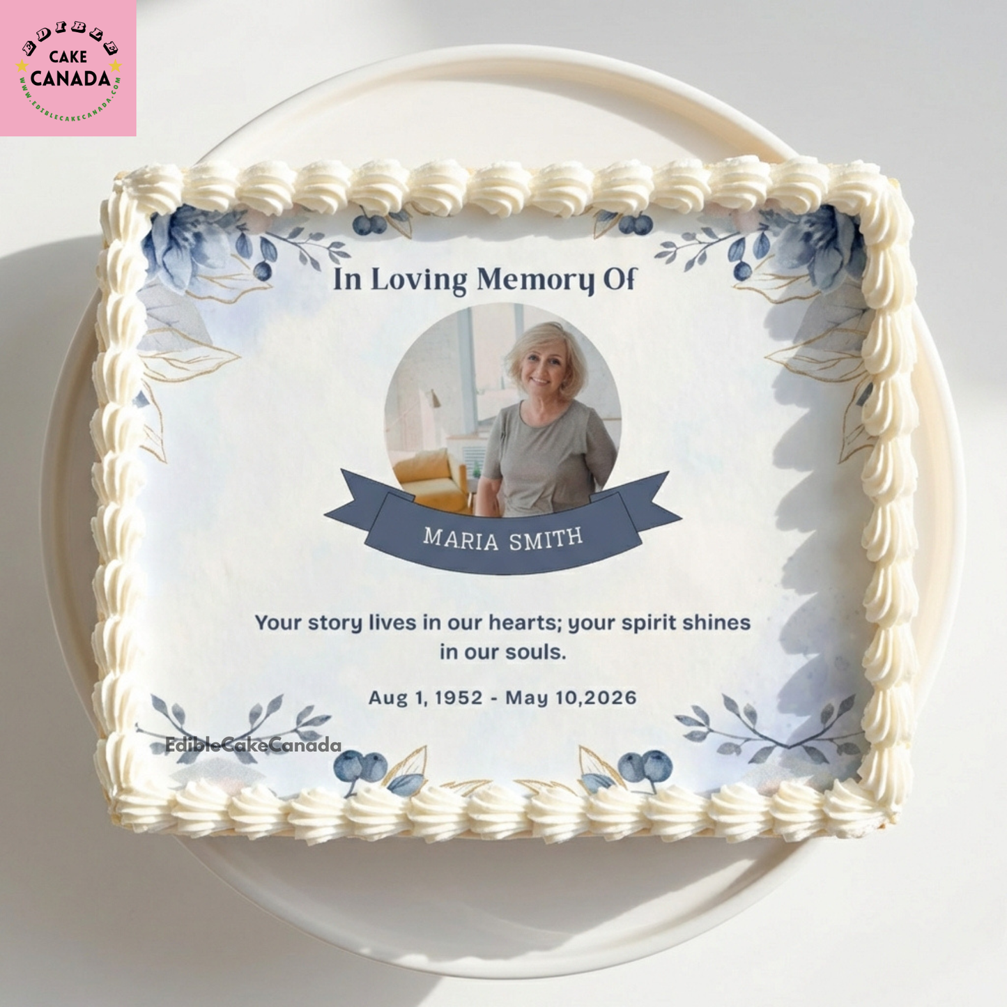 Custom edible icing cake topper with your photo and message  

Beautiful memorial design for Dad, Mum, parent or grandparent  

Perfect for In Loving Memory, remembrance, and celebration of life cakes  

Printed on edible icing sheet with food-grade edible ink  

Easy to apply to cakes, cupcakes, or desserts  

Personalized and made in Canada  

Great for memorial cakes, tribute cakes, and photo cakes