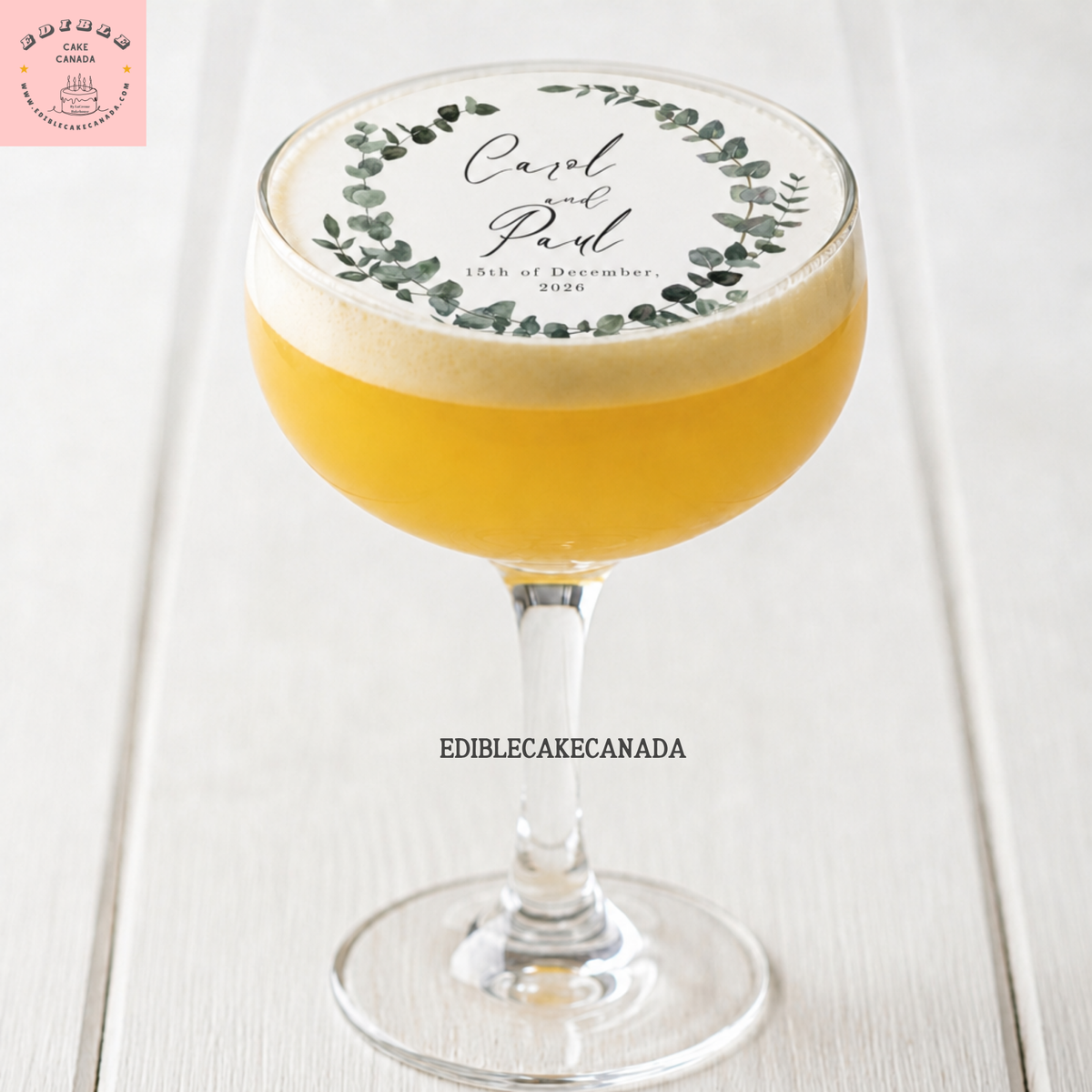 Custom edible wafer drink topper with floral wreath, monogram name and date — perfect for weddings and parties in Canada.