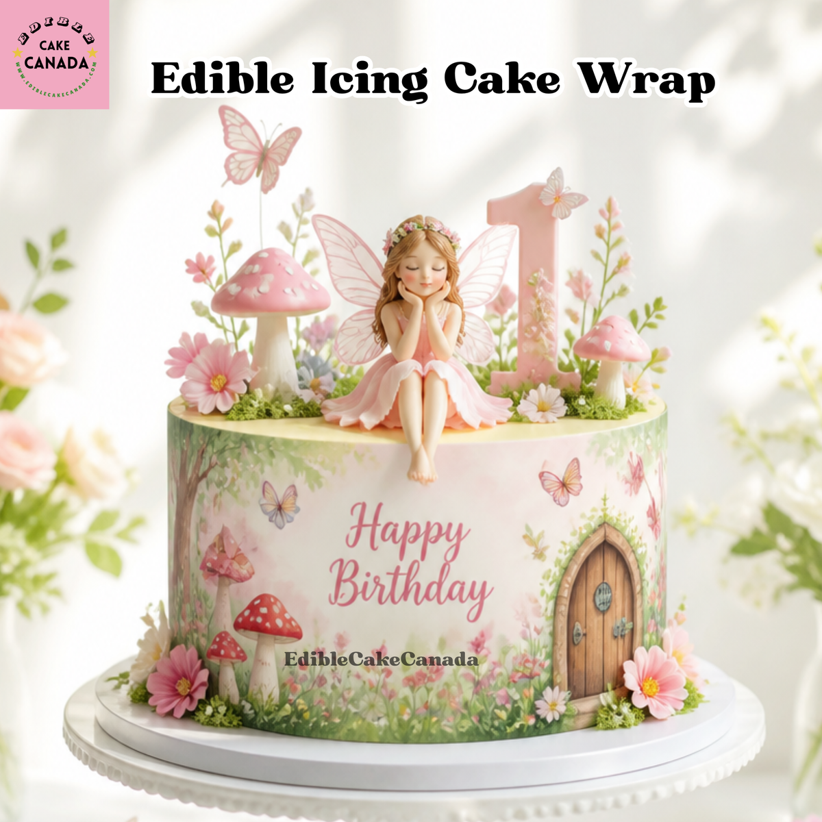 Fairy garden edible cake wrap featuring watercolor mushrooms, butterflies, and a wooden fairy door on a frosted birthday cake.