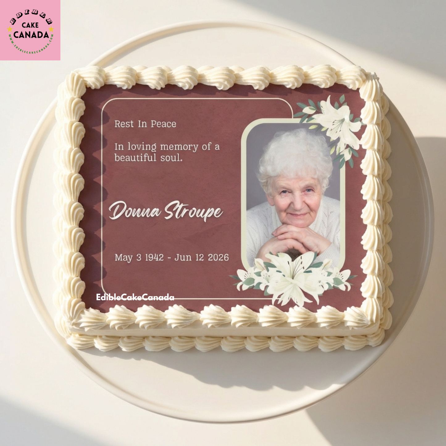 Custom memorial edible cake topper with photo and text made in Canada  

In Loving Memory edible icing cake topper for Dad or Mum  

Personalized photo cake topper for remembrance cake Canada  

Custom edible icing sheet for memorial cake with loved one photo  

Celebration of life cake topper with custom photo and message