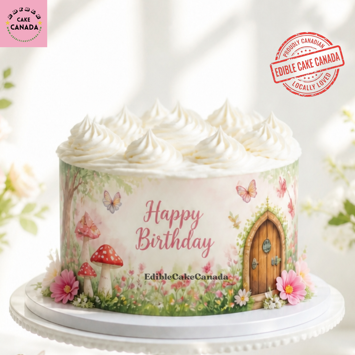 Fairy garden edible cake wrap featuring watercolor mushrooms, butterflies, and a wooden fairy door on a frosted birthday cake.
