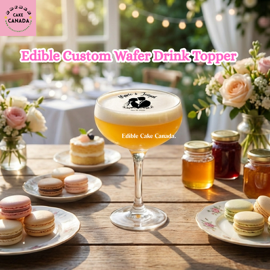 personalized edible drink topper, custom edible wafer drink topper, wedding drink topper, bride and groom drink topper, custom photo drink topper, edible cocktail topper, edible wafer topper Canada, personalized wedding drink decor, anniversary drink topper, custom party drink topper, edible topper for drinks, wedding drink decoration Canada, custom names date drink topper, party drink topper, event drink toppers Canada