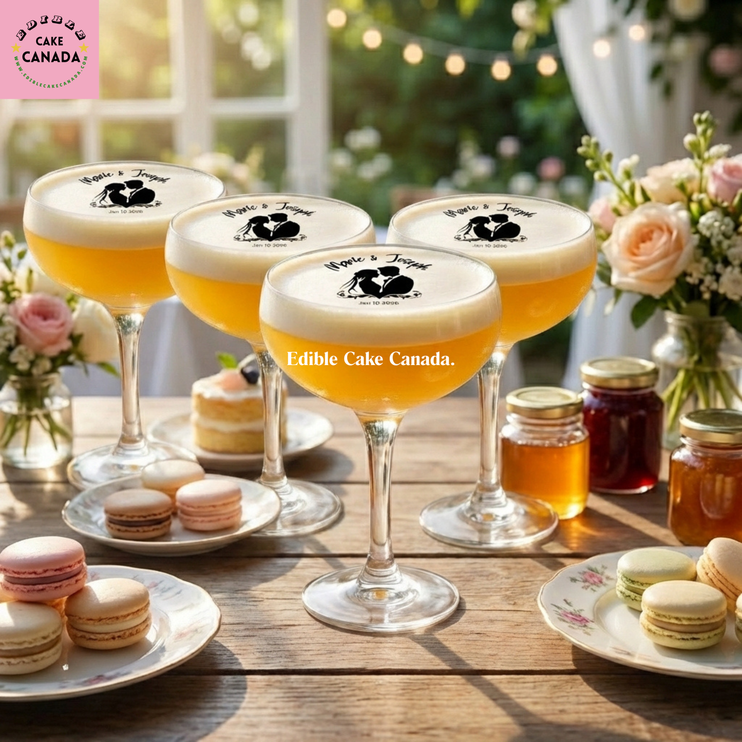 Personalized Wedding Couple Edible Wafer Drink Topper with Custom Photo, Names & Date