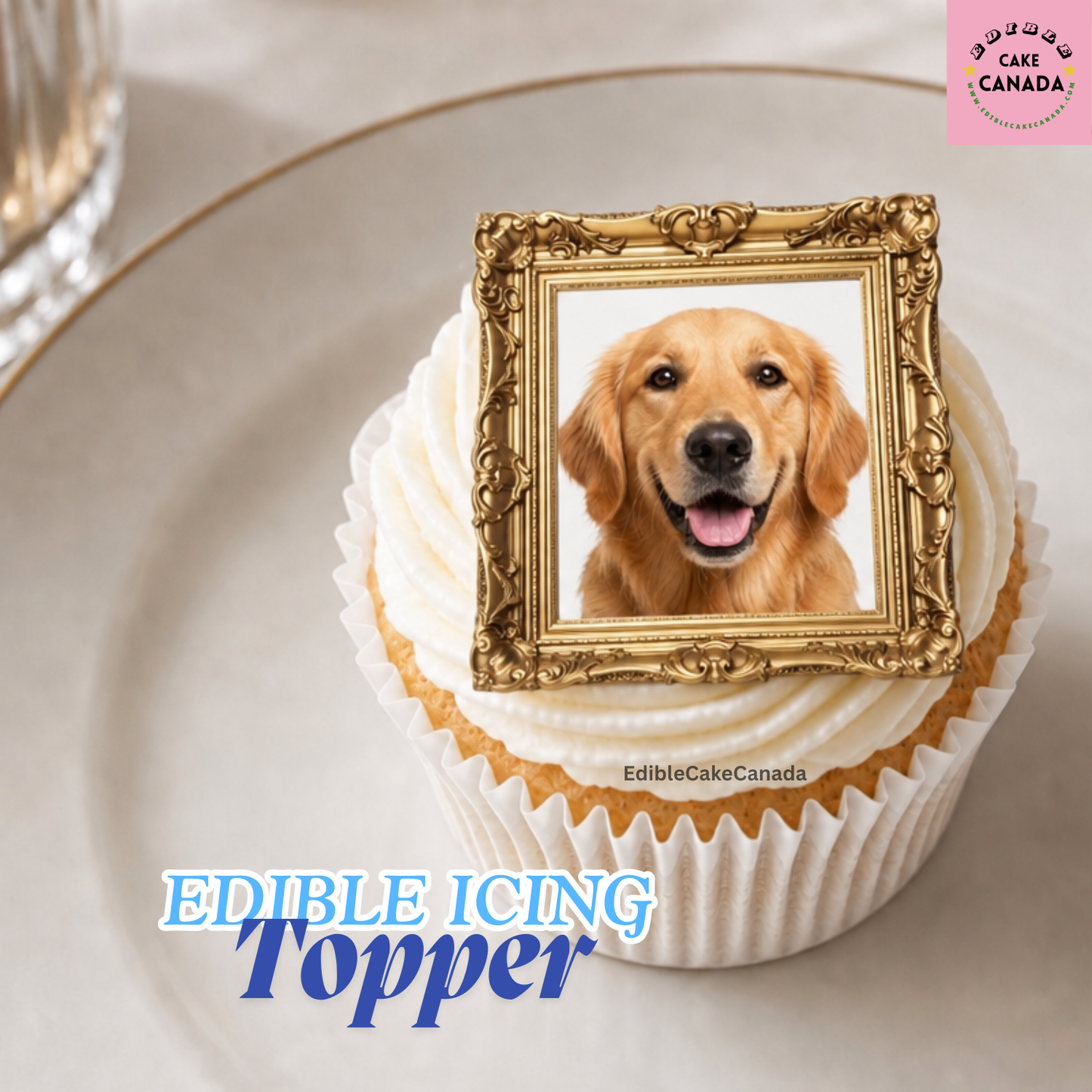 Custom Edible Icing Cupcake Topper with Vintage Photo Frame wedding, anniverssary, dog, cat , kid birthday, memory 