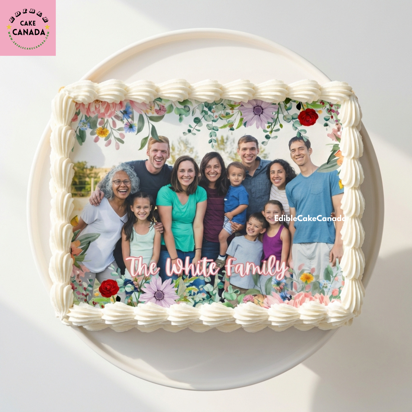 Custom Flower pattern Family Photo Edible Cake Topper – Personalized Icing Sheet for Birthday, Anniversary & Family Party