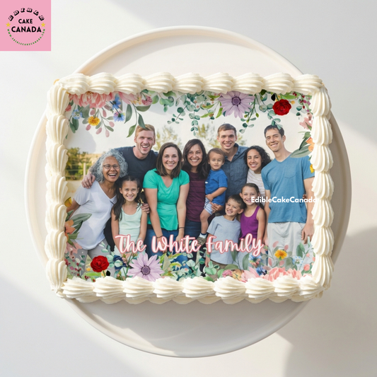 Custom Flower pattern Family Photo Edible Cake Topper – Personalized Icing Sheet for Birthday, Anniversary & Family Party