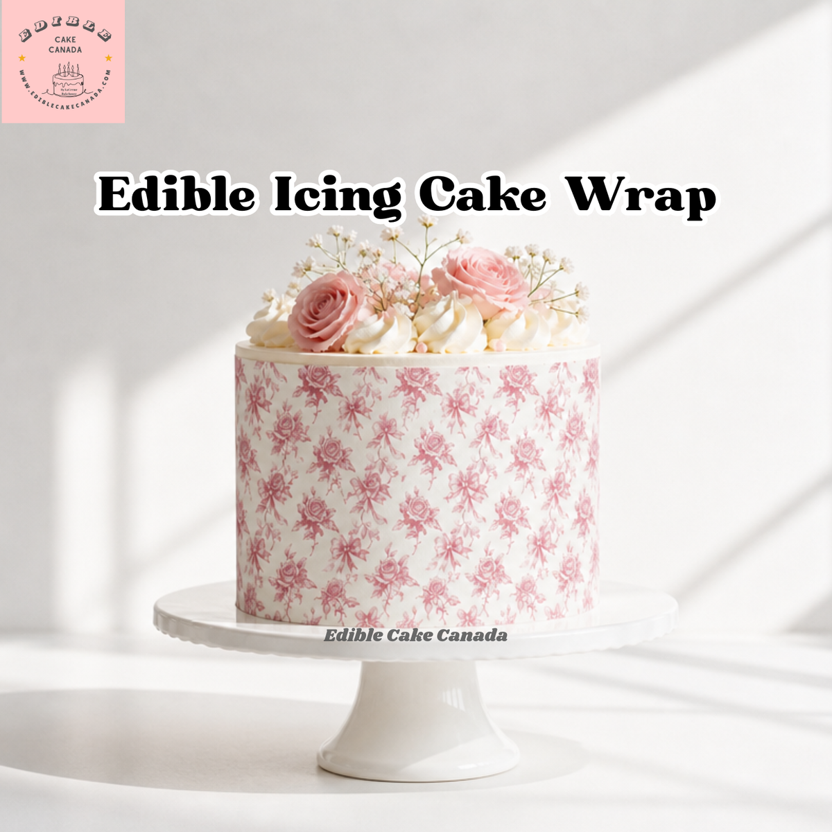 Pink bow and rose French toile edible cake wrap icing sheet 8x10 romantic cottage garden frosting sheet for cake decorating