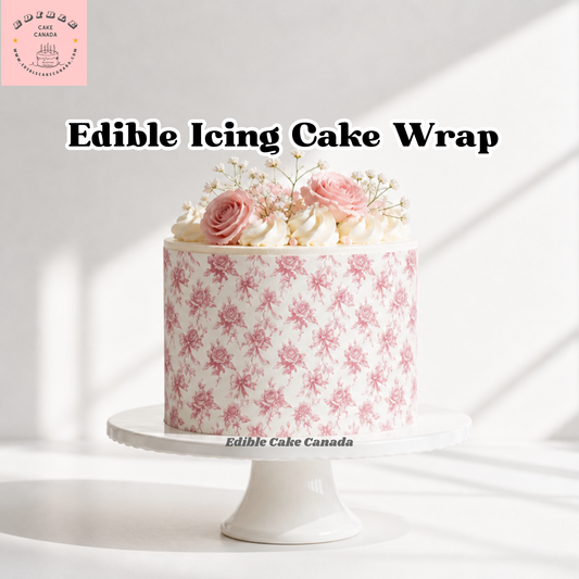 Pink bow and rose French toile edible cake wrap icing sheet 8x10 romantic cottage garden frosting sheet for cake decorating