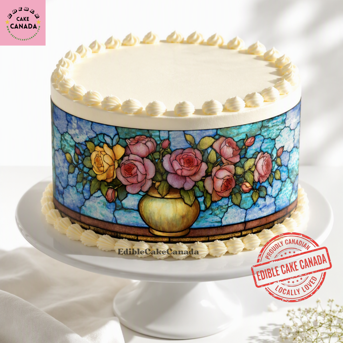 Romantic fairytale wedding cake decorated with a stained glass rose edible wrap.
