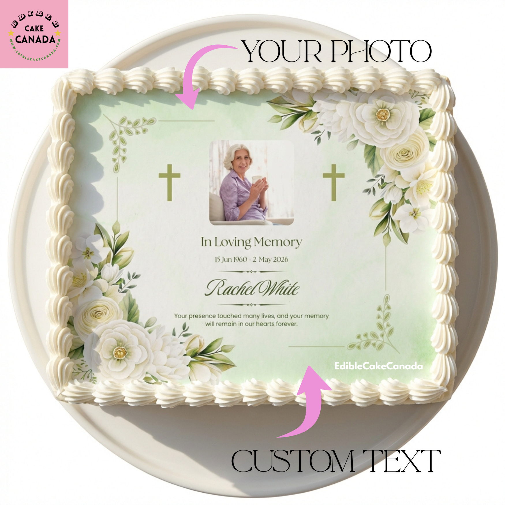 Custom edible icing cake topper with your photo and message  

Beautiful memorial design for Dad, Mum, parent or grandparent  

Perfect for In Loving Memory, remembrance, and celebration of life cakes  

Printed on edible icing sheet with food-grade edible ink  

Easy to apply to cakes, cupcakes, or desserts  

Personalized and made in Canada  

Great for memorial cakes, tribute cakes, and photo cakes