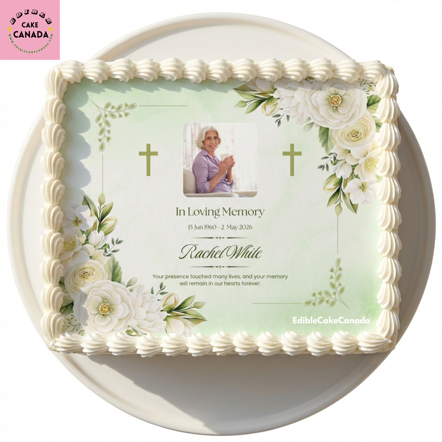 Custom edible icing cake topper with your photo and message  

Beautiful memorial design for Dad, Mum, parent or grandparent  

Perfect for In Loving Memory, remembrance, and celebration of life cakes  

Printed on edible icing sheet with food-grade edible ink  

Easy to apply to cakes, cupcakes, or desserts  

Personalized and made in Canada  

Great for memorial cakes, tribute cakes, and photo cakes