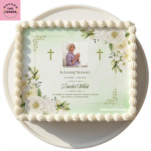 Custom edible icing cake topper with your photo and message  

Beautiful memorial design for Dad, Mum, parent or grandparent  

Perfect for In Loving Memory, remembrance, and celebration of life cakes  

Printed on edible icing sheet with food-grade edible ink  

Easy to apply to cakes, cupcakes, or desserts  

Personalized and made in Canada  

Great for memorial cakes, tribute cakes, and photo cakes