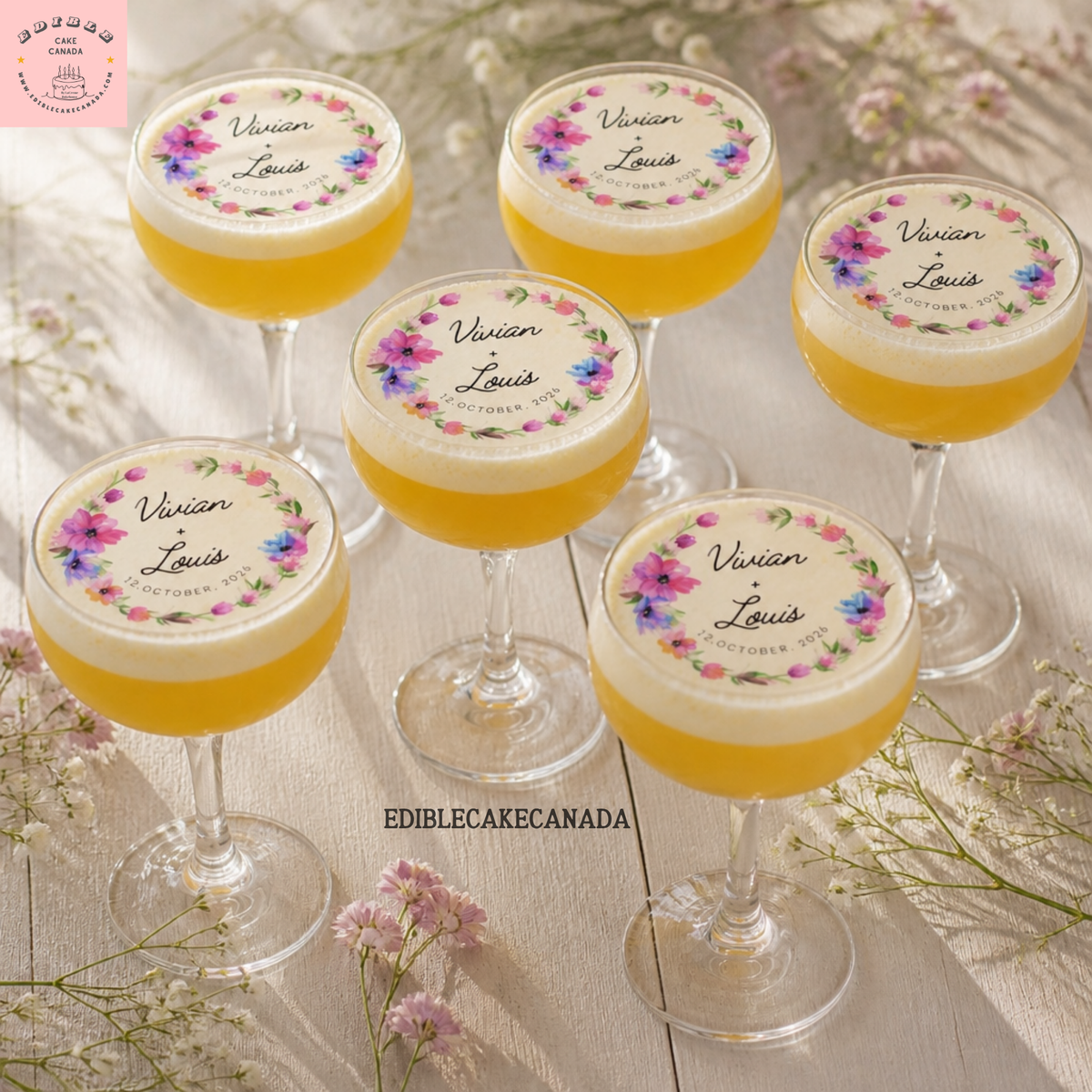 Custom edible wafer drink topper with floral wreath, monogram name and date — perfect for weddings and parties in Canada.