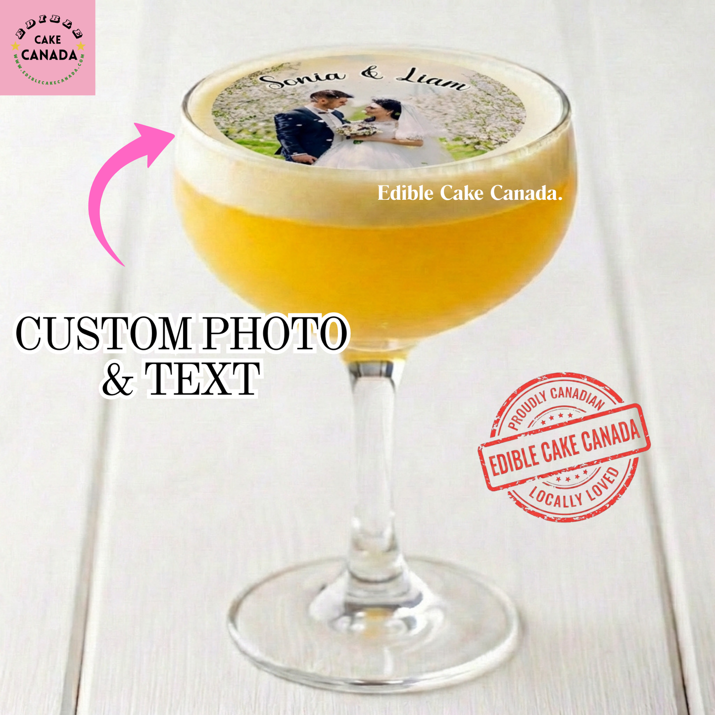 Personalized couple photo edible wafer drink topper with custom names and date for wedding anniversary celebration in Canada