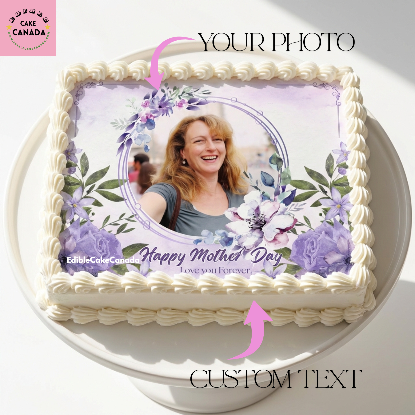 Custom Mother’s Day edible icing cake topper with photo and purple flowers made in Canada  

Personalized Best Mum cake topper with edible photo and floral design  

Best Wife Happy Mother’s Day edible cake topper with custom text Canada  

Purple flower edible icing sheet cake decoration for Mother’s Day cake  

Custom photo edible cake topper for mum, mom, wife, and grandma