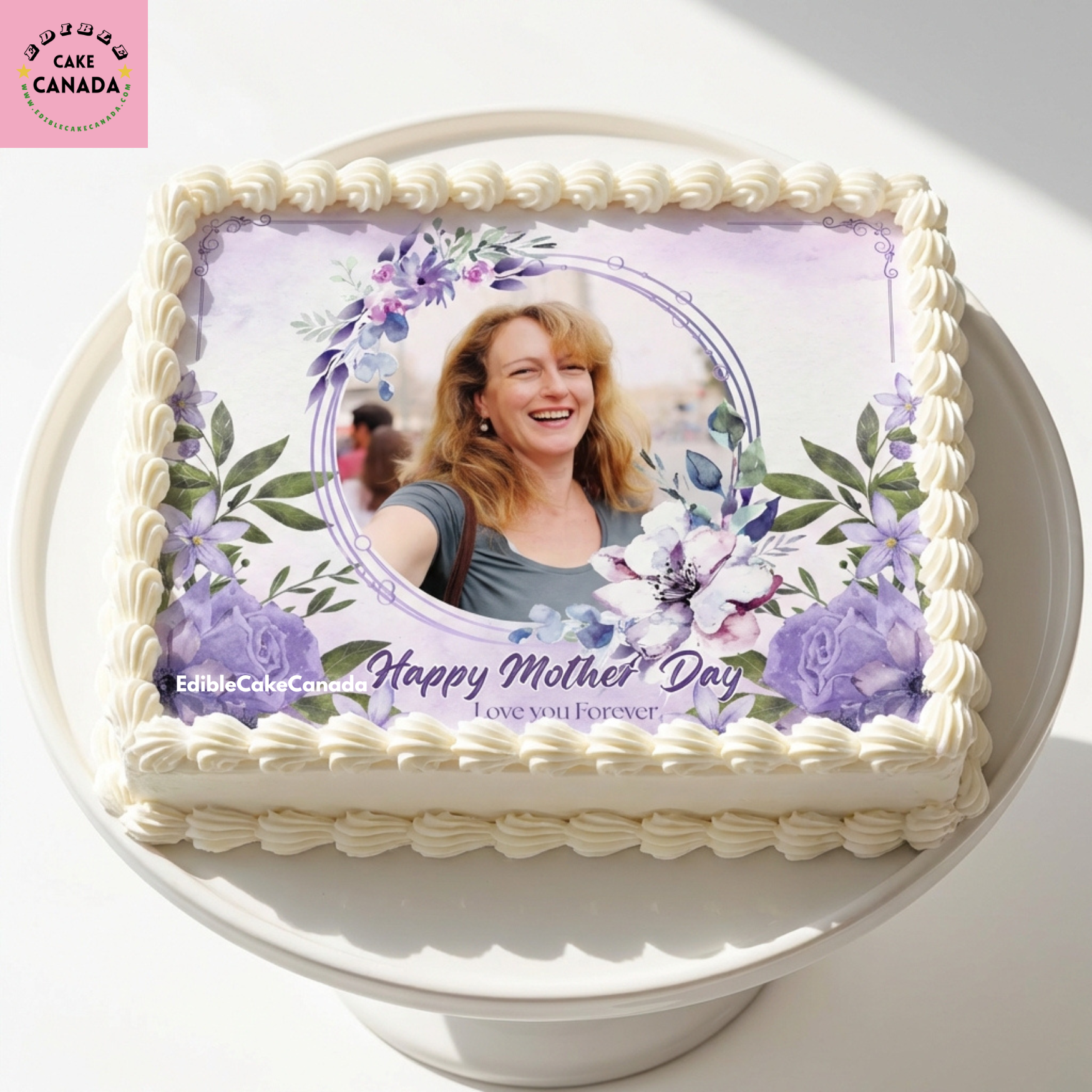 Custom Mother’s Day edible icing cake topper with photo and purple flowers made in Canada  

Personalized Best Mum cake topper with edible photo and floral design  

Best Wife Happy Mother’s Day edible cake topper with custom text Canada  

Purple flower edible icing sheet cake decoration for Mother’s Day cake  

Custom photo edible cake topper for mum, mom, wife, and grandma