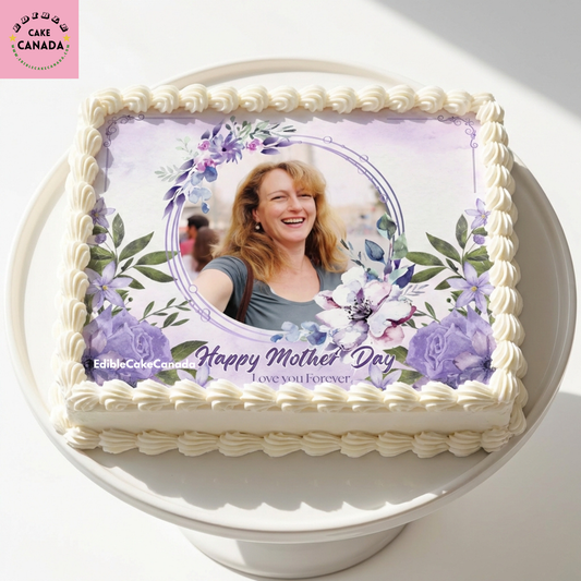Custom Mother’s Day edible icing cake topper with photo and purple flowers made in Canada  

Personalized Best Mum cake topper with edible photo and floral design  

Best Wife Happy Mother’s Day edible cake topper with custom text Canada  

Purple flower edible icing sheet cake decoration for Mother’s Day cake  

Custom photo edible cake topper for mum, mom, wife, and grandma