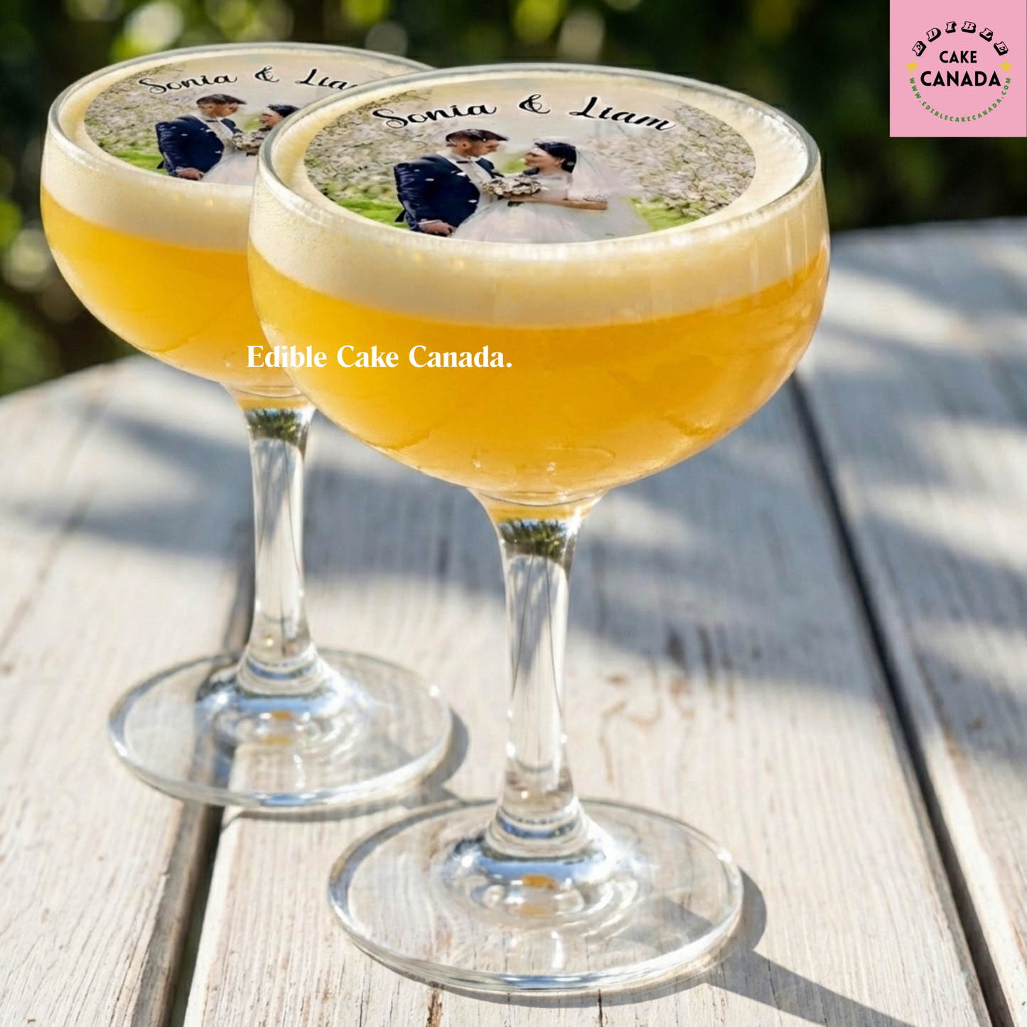 custom drink toppers, edible wafer drink topper, personalized drink topper, couple photo drink topper, wedding drink toppers, anniversary drink toppers, edible cocktail toppers, custom photo drink toppers, Canada wedding decor, personalized wedding drinks, bridal shower drink toppers, engagement party drink toppers, custom edible toppers Canada, romantic drink decorations, sweet couple celebration
