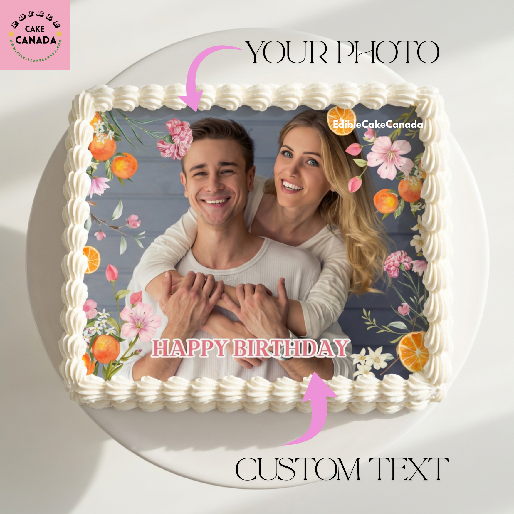 Personalized orange blossom photo edible icing cake topper Canada  

Custom birthday edible cake topper with photo and text  

Summer Floral orange blossom cake topper for couple family or friend birthday  

Custom photo icing sheet birthday cake topper designed in Canada  

Personalized edible image cake topper with orange floral design
