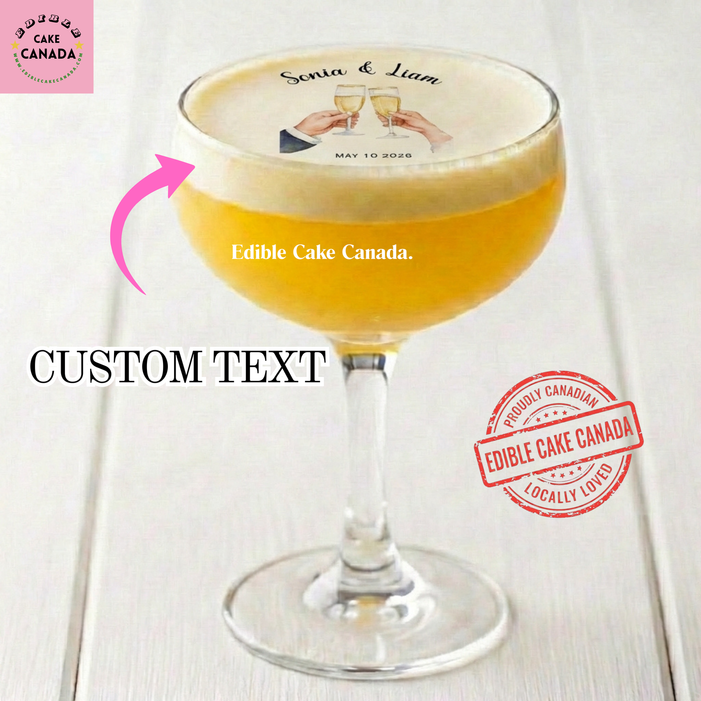 Personalized wedding champagne edible wafer drink topper with custom names and date for couple celebration in Canada.