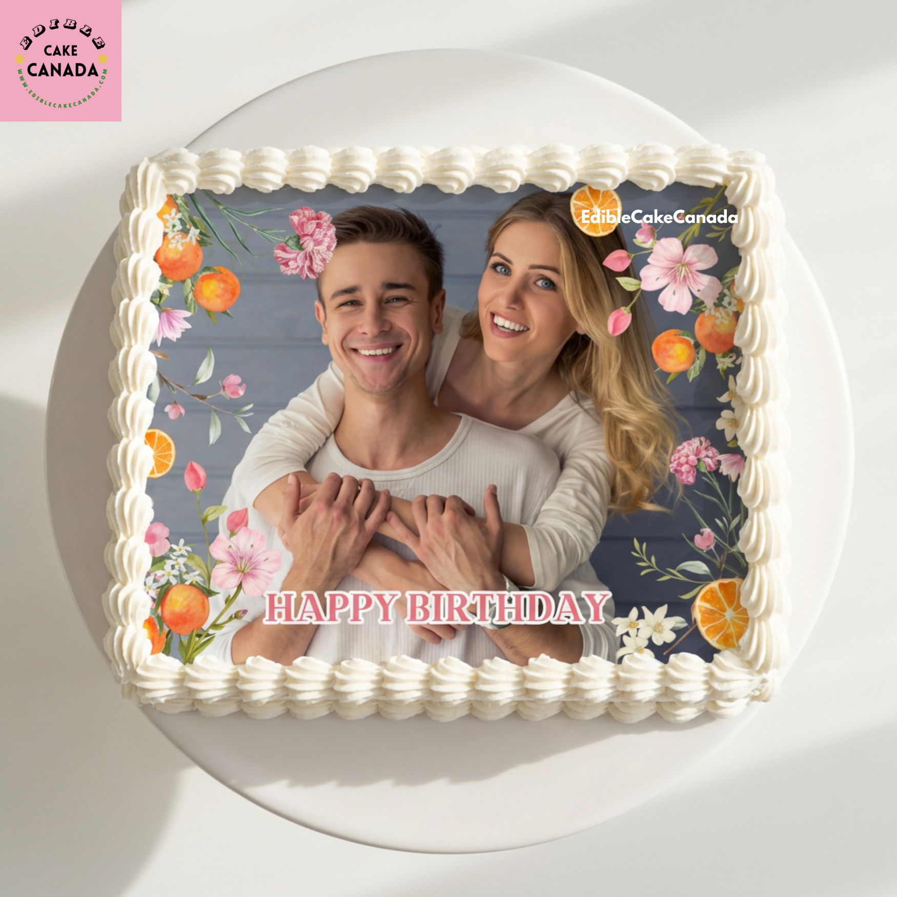 Personalized orange blossom photo edible icing cake topper Canada  

Custom birthday edible cake topper with photo and text  

Floral orange blossom cake topper for couple family or friend birthday  

Custom photo icing sheet birthday cake topper designed in Canada  

Personalized edible image cake topper with orange floral design
