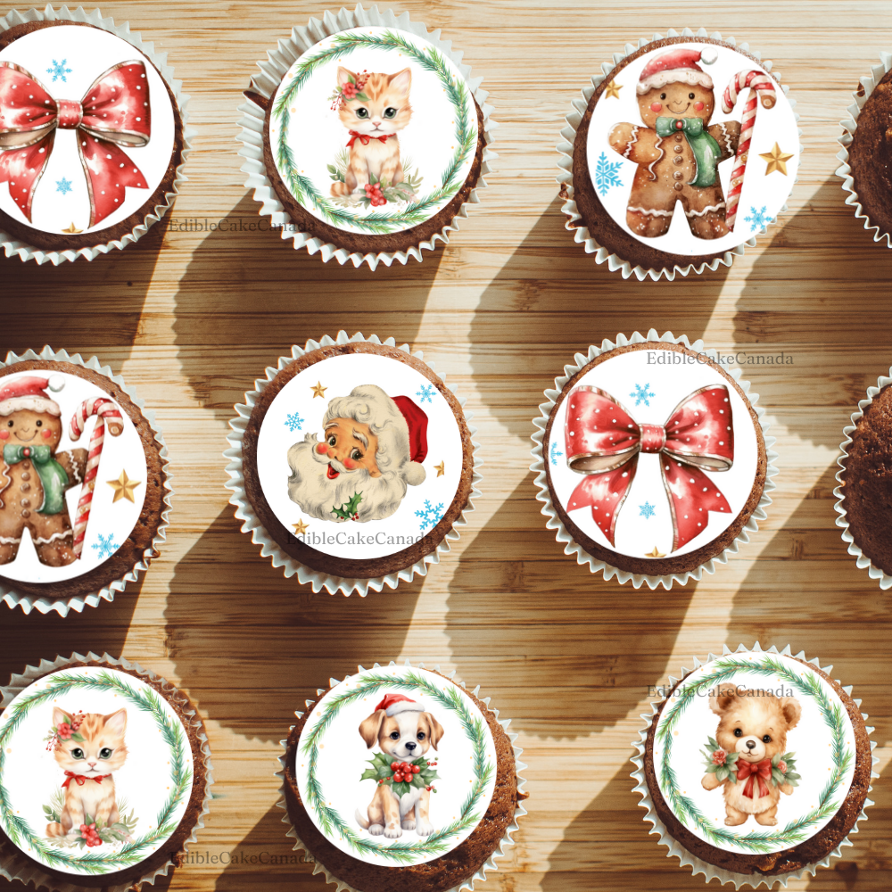 Edible Christmas Cupcake Toppers – 6 Festive Designs | Round Icing Images (1.5", 2", 3") | Food-Grade Cake Decorations