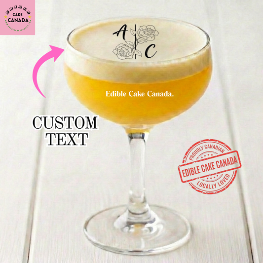 Personalized floral monogram edible wafer drink topper with custom initials for wedding and anniversary cocktails
