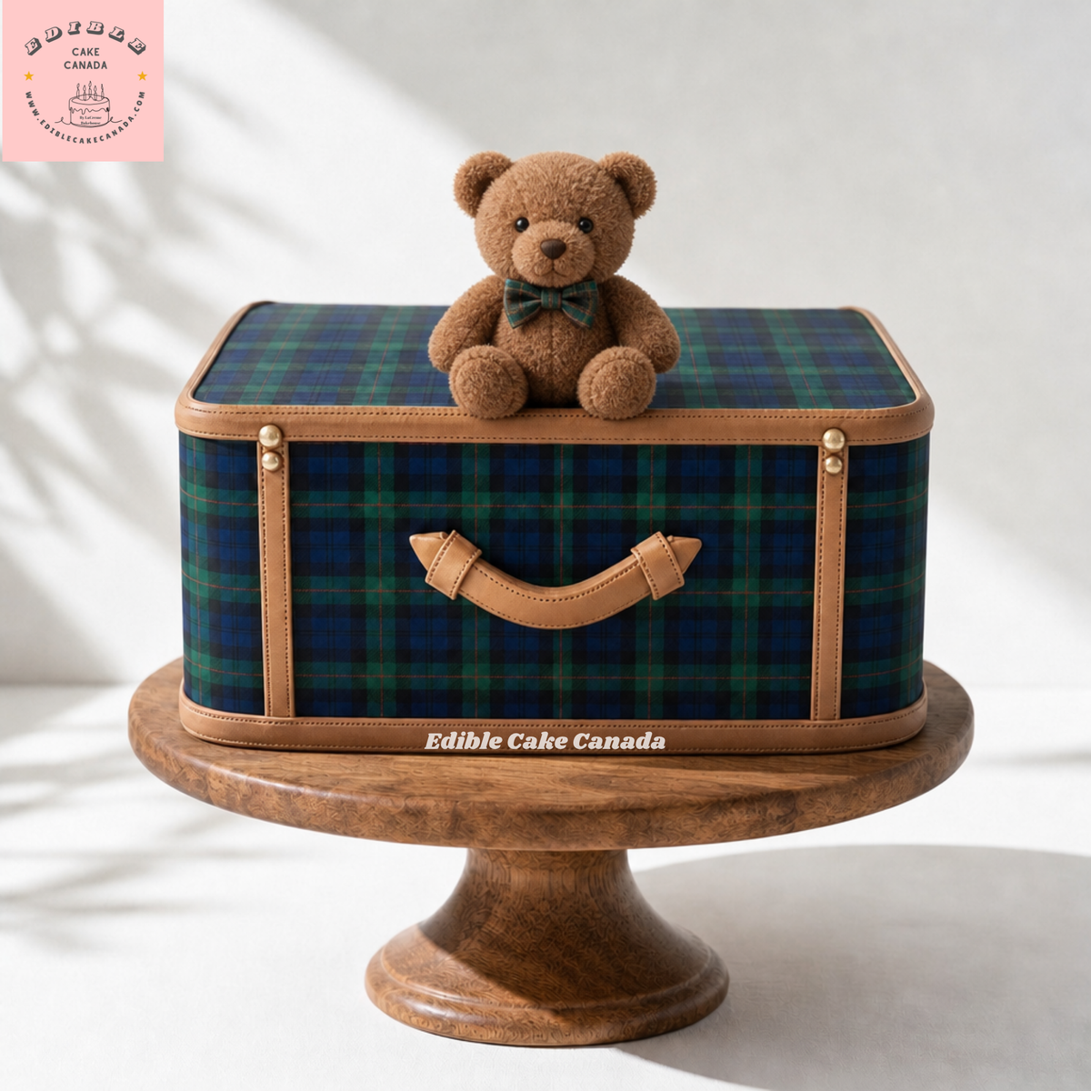 Scottish tartan plaid edible cake wrap 8x10 in traditional green and blue stripe design, flat lay
