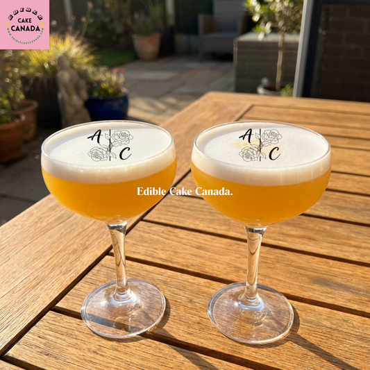 personalized edible drink topper, custom wafer drink topper, floral monogram drink topper, edible cocktail topper, custom initials drink topper, wedding drink topper Canada, anniversary drink decoration, edible wafer cocktail topper, personalized cocktail decoration, custom name drink topper, bridal shower drink topper, engagement party drink topper, edible champagne topper, edible mocktail topper, custom couple drink topper, Canada edible drink topper, floral initials cocktail topper, personalized wedding 