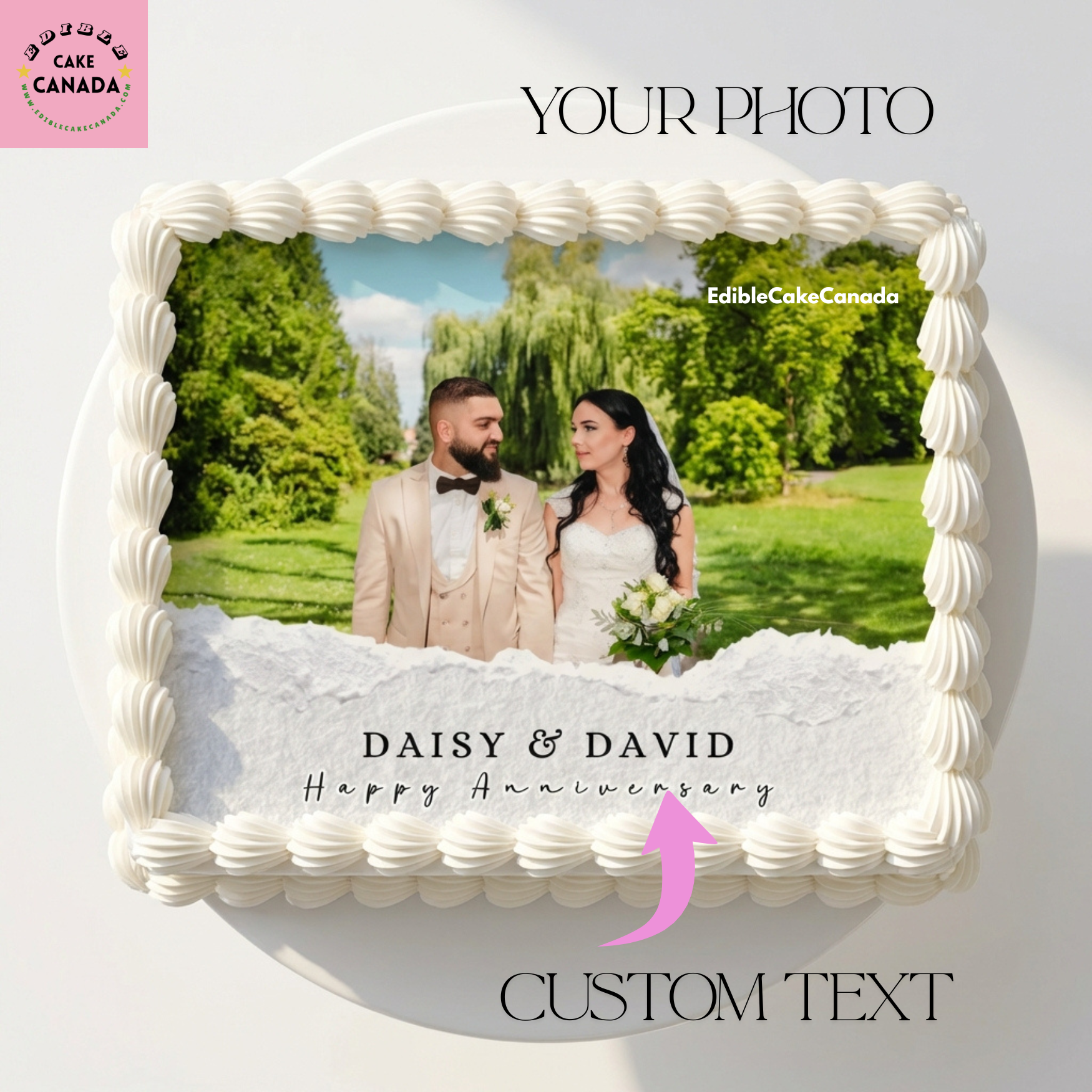 Personalized wedding anniversary edible icing cake topper with custom couple photo and text  

Custom photo edible cake topper for marriage celebration and anniversary cake in Canada  

Wedding anniversary cake decorated with edible icing photo topper and personalized names  

Custom edible image cake topper for couples, weddings, anniversaries, and celebrations