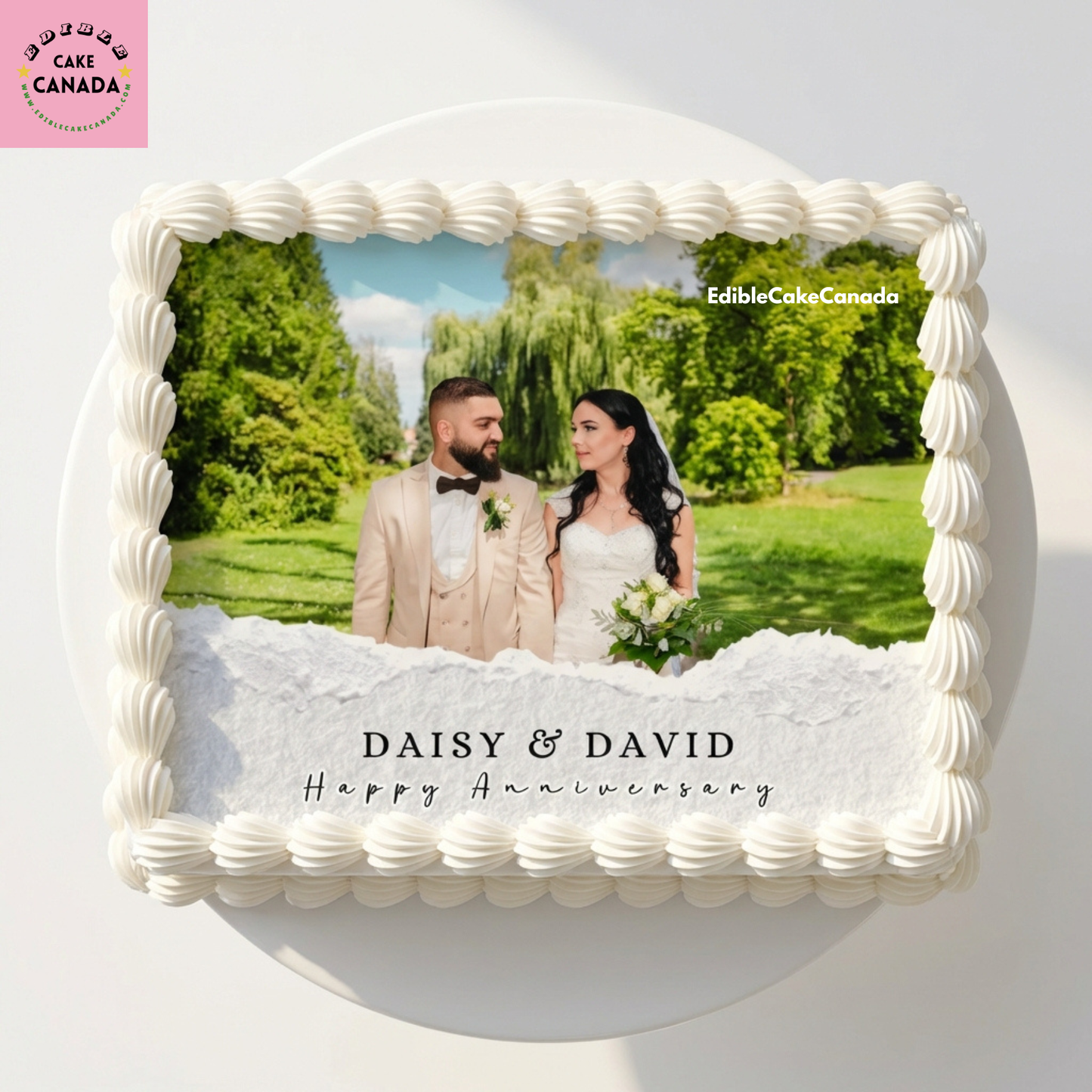 Personalized wedding anniversary edible icing cake topper with custom couple photo and text  

Custom photo edible cake topper for marriage celebration and anniversary cake in Canada  

Wedding anniversary cake decorated with edible icing photo topper and personalized names  

Custom edible image cake topper for couples, weddings, anniversaries, and celebrations