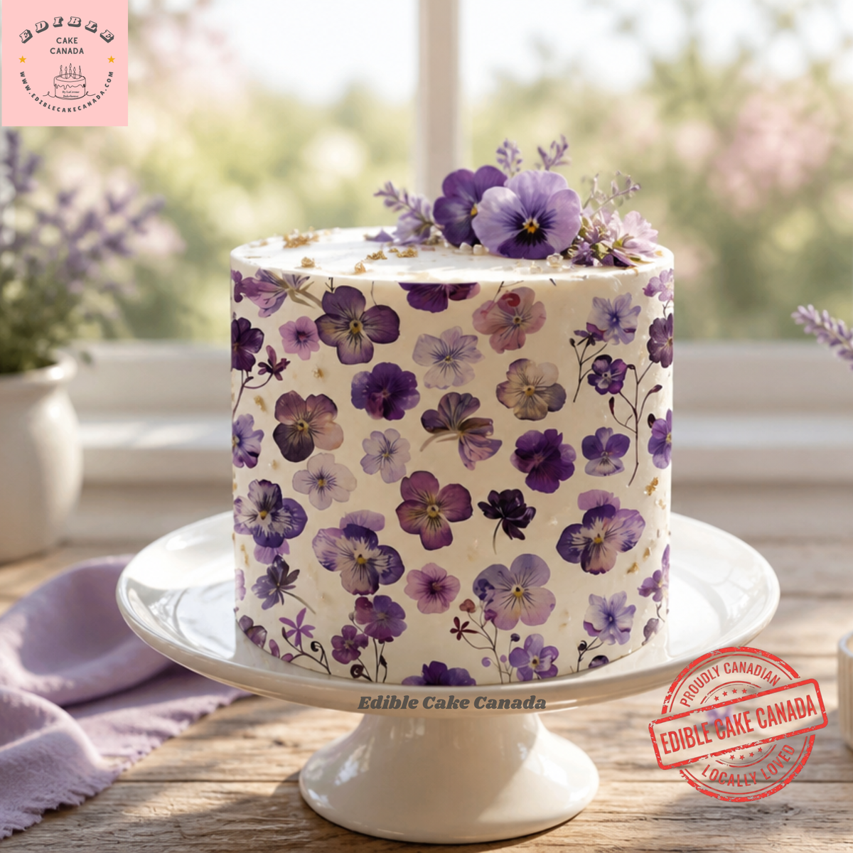 Edible icing cake topper wrap 8x10 inches with purple pansy and violet flowers pressed botanical pattern
