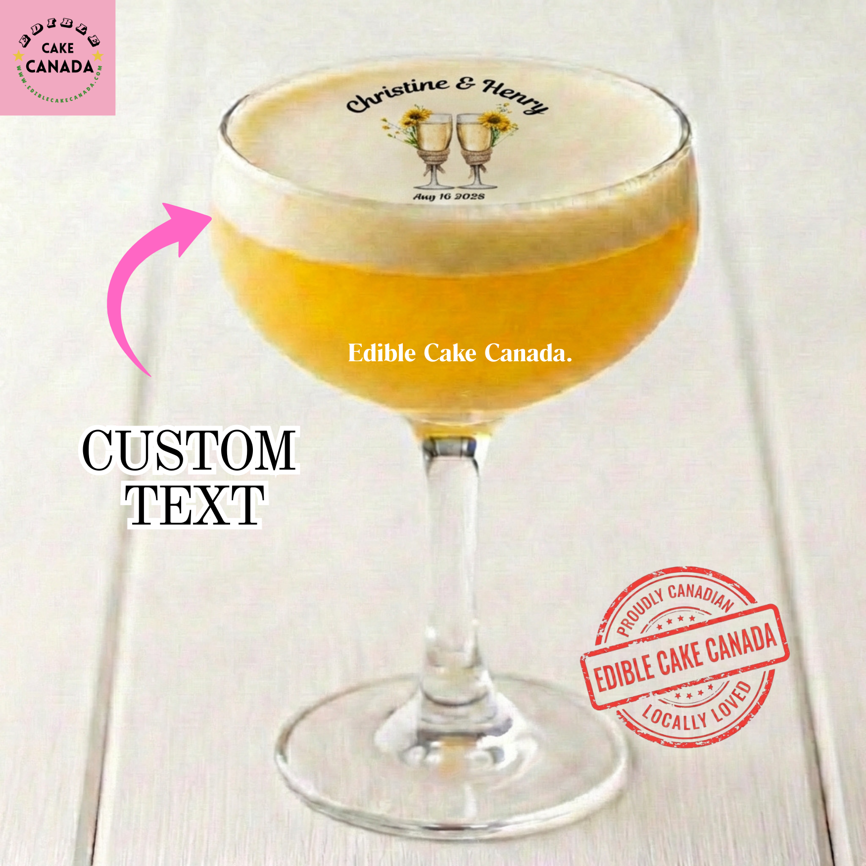 personalized drink toppers, edible drink toppers, custom drink toppers, sunflower drink toppers, edible wafer paper toppers, custom cocktail toppers, wedding drink toppers, anniversary drink toppers, bridal shower drink toppers, engagement party toppers, custom photo drink toppers, champagne toppers, cocktail decorations, edible cocktail toppers, Canada wedding toppers, personalized wedding drinks, sunflower wedding decor, couple celebration toppers, custom text drink toppers, edible party decorations