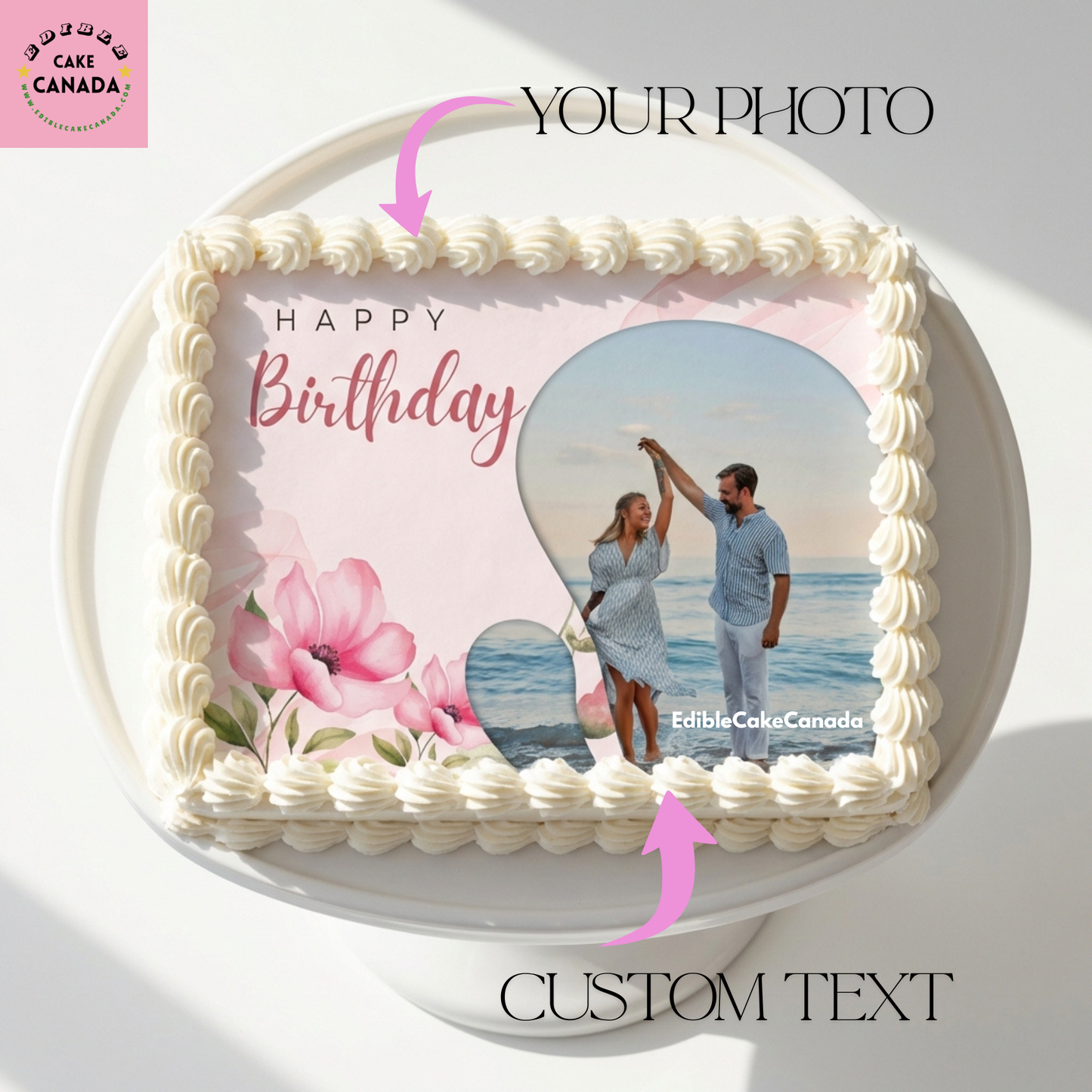 Personalized pink floral edible icing cake topper with custom photo and text for birthday, anniversary, mum, wife, couple, and family celebrations in Canada