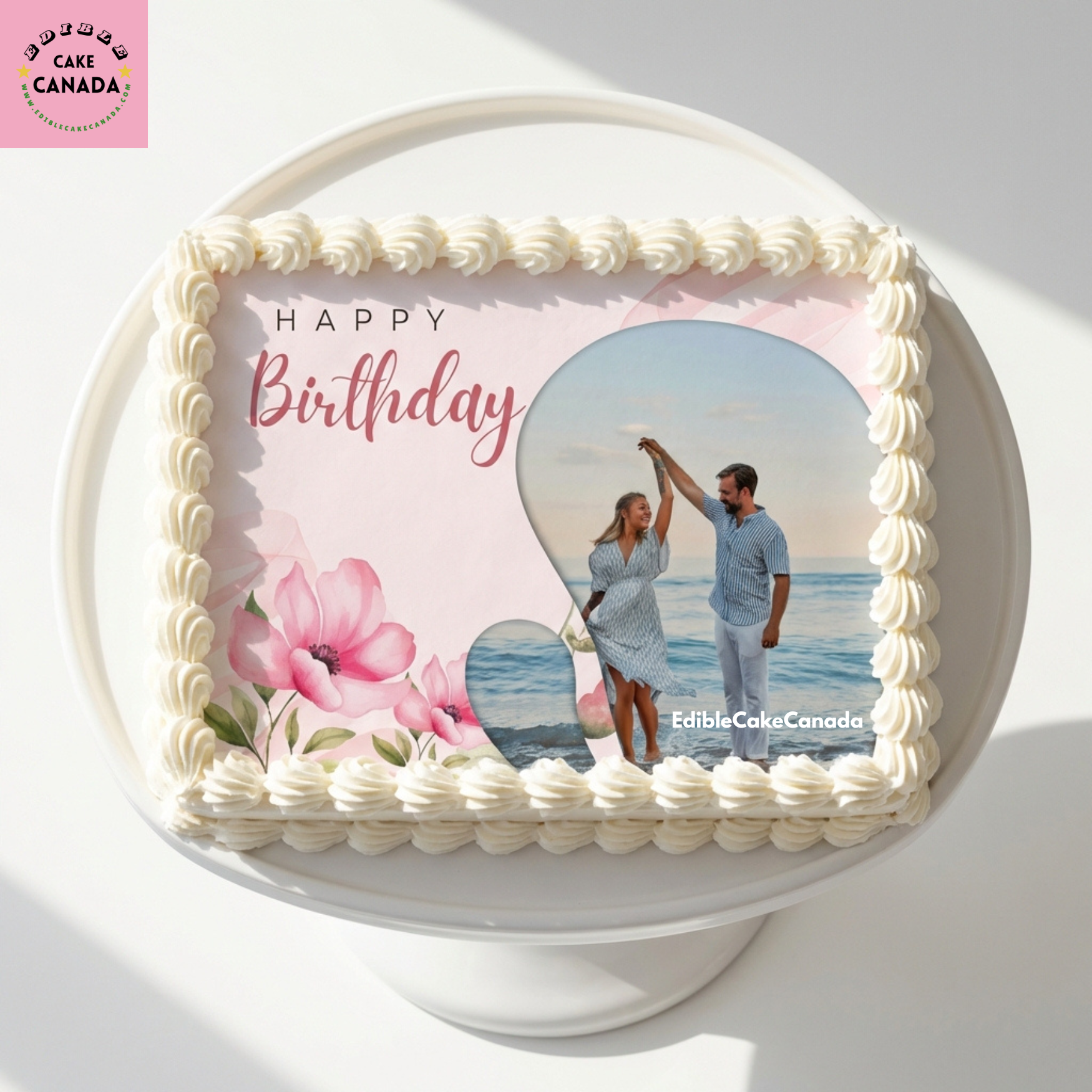 Personalized pink floral edible icing cake topper with custom photo and text for birthday, anniversary, mum, wife, couple, and family celebrations in Canada