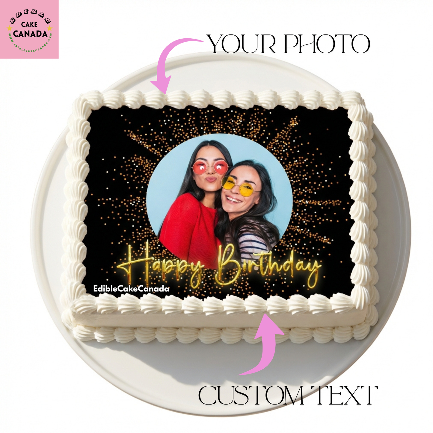 Edible Icing Cake Topper with Custom Photo and Text | Personalized Black & Gold Sparkle Celebration Edible Icing Cake Topper – Custom Photo & Text