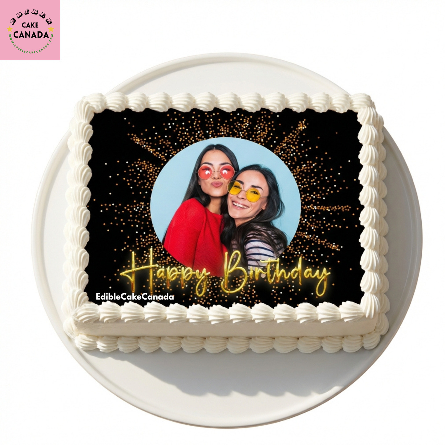 Custom photo edible icing cake topper with black and gold birthday celebration design  

Personalized edible cake topper with photo and text processed in Canada  

Black and gold sparkle celebration edible icing cake topper for custom party cakes  

Custom photo and text cake topper for birthdays anniversaries and celebrations in Canada