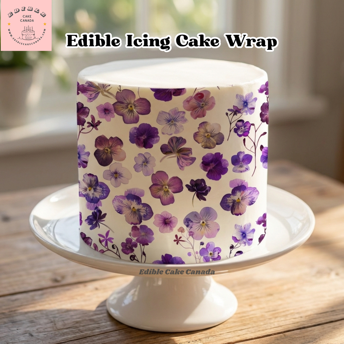Edible icing cake topper wrap 8x10 inches with purple pansy and violet flowers pressed botanical pattern
